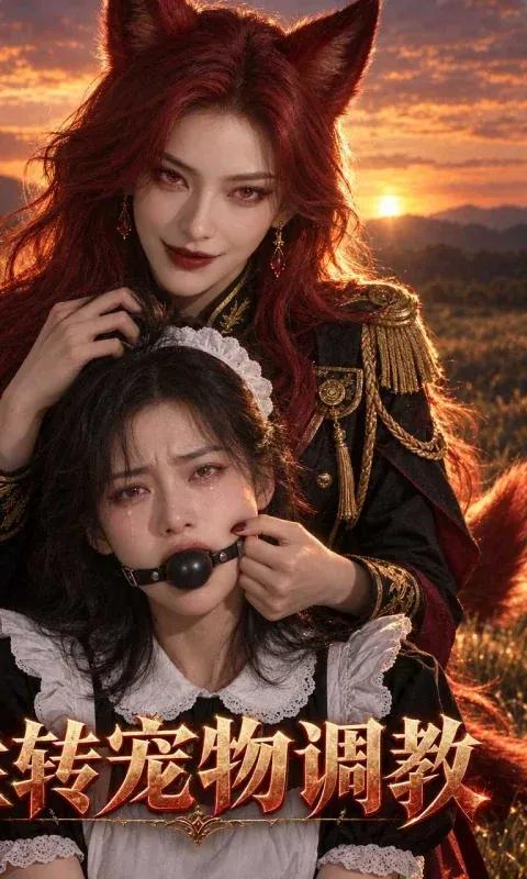 夕阳草原上的红发狐耳角色与黑裙少女的魔改短剧竖版海报