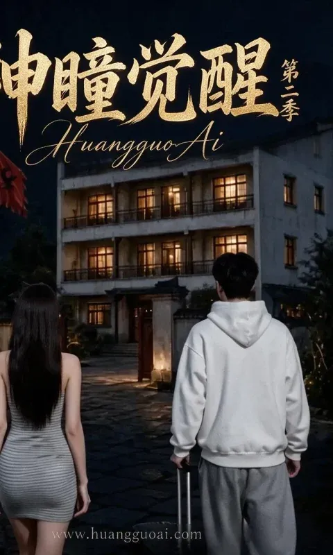 夜景老楼前的悬疑短剧海报，两个人提着行李箱走向亮灯的楼