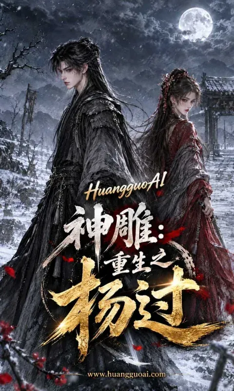 雪夜古装短剧海报，一男一女背对而立，月光照着牌坊
