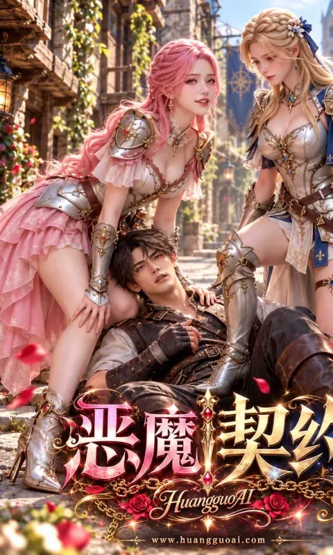 奇幻街景里两名铠甲少女围着倒地男子的竖版短剧海报